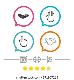 Hand Icons. Handshake Successful Business Symbol. Click Here Press Sign. Human Helping Donation Hand. Calendar, Internet Globe And Report Linear Icons. Star Vote Ranking. Vector