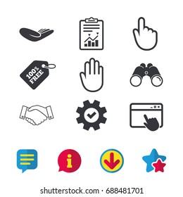 Hand icons. Handshake successful business symbol. Click here press sign. Human helping donation hand. Browser window, Report and Service signs. Binoculars, Information and Download icons. Vector