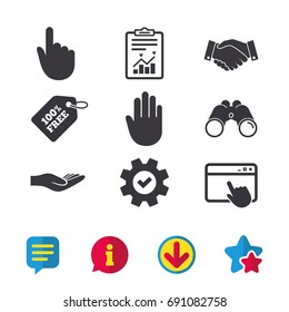 Hand icons. Handshake successful business symbol. Click here press sign. Human helping donation hand. Browser window, Report and Service signs. Binoculars, Information and Download icons. Vector