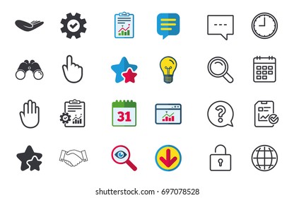 Hand icons. Handshake successful business symbol. Click here press sign. Human helping donation hand. Chat, Report and Calendar signs. Stars, Statistics and Download icons. Question, Clock and Globe