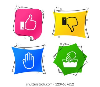 Hand icons. Like and dislike thumb up symbols. Not machine washable sign. Stop no entry. Geometric colorful tags. Banners with flat icons. Trendy design. Vector