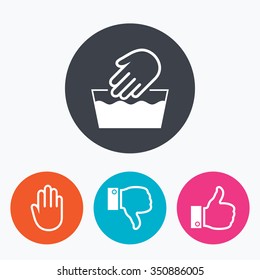 Hand icons. Like and dislike thumb up symbols. Not machine washable sign. Stop no entry. Circle flat buttons with icon.