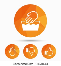 Hand icons. Like and dislike thumb up symbols. Not machine washable sign. Stop no entry. Triangular low poly buttons with shadow. Vector