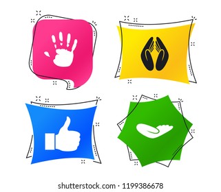 Hand icons. Like thumb up symbol. Insurance protection sign. Human helping donation hand. Prayer hands. Geometric colorful tags. Banners with flat icons. Trendy design. Vector