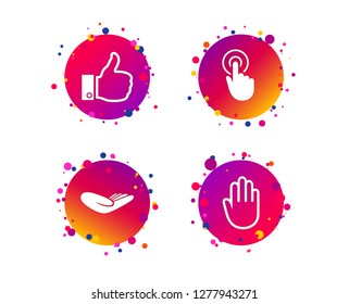 Hand icons. Like thumb up symbol. Click here press sign. Helping donation hand. Gradient circle buttons with icons. Random dots design. Vector