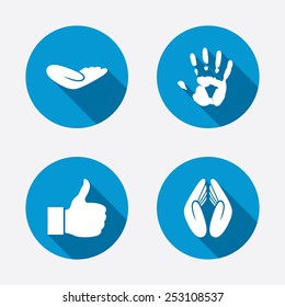 Hand icons. Like thumb up symbol. Insurance protection sign. Human helping donation hand. Prayer hands. Circle concept web buttons. Vector