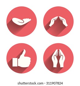 Hand icons. Like thumb up symbol. Insurance protection sign. Human helping donation hand. Prayer hands. Pink circles flat buttons with shadow. Vector