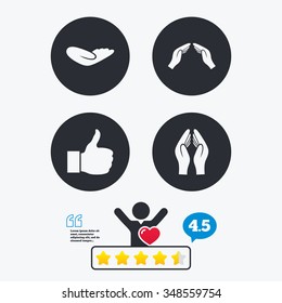 Hand icons. Like thumb up symbol. Insurance protection sign. Human helping donation hand. Prayer hands. Star vote ranking. Client like and think bubble. Quotes with message.