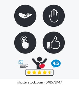 Hand Icons. Like Thumb Up Symbol. Click Here Press Sign. Helping Donation Hand. Star Vote Ranking. Client Like And Think Bubble. Quotes With Message.