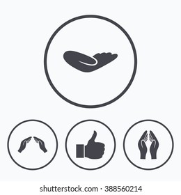 Hand icons. Like thumb up symbol. Insurance protection sign. Human helping donation hand. Prayer hands. Icons in circles.