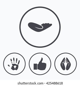 Hand icons. Like thumb up symbol. Insurance protection sign. Human helping donation hand. Prayer hands. Icons in circles.