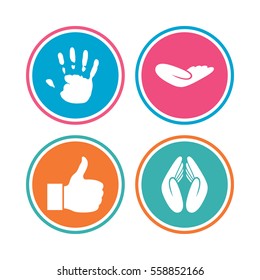 Hand icons. Like thumb up symbol. Insurance protection sign. Human helping donation hand. Prayer hands. Colored circle buttons. Vector