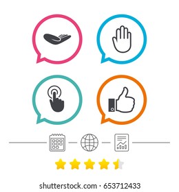 Hand icons. Like thumb up symbol. Click here press sign. Helping donation hand. Calendar, internet globe and report linear icons. Star vote ranking. Vector