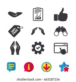 Hand icons. Like thumb up symbol. Insurance protection sign. Human helping donation hand. Prayer hands. Browser window, Report and Service signs. Binoculars, Information and Download icons. Vector