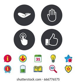 Hand icons. Like thumb up symbol. Click here press sign. Helping donation hand. Calendar, Information and Download signs. Stars, Award and Book icons. Light bulb, Shield and Search. Vector