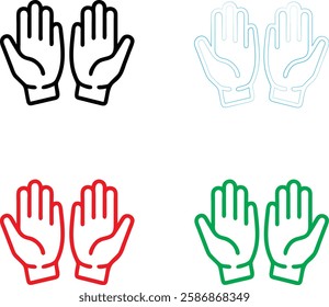 Hand icons, minimalist design, palm outlines, symmetrical pairs, black red green blue colors, simple linework, flat graphic style, vector illustration, clean geometric shapes, raised palms, universal 