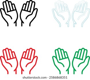 Hand icons, minimalist design, palm outlines, symmetrical pairs, black red green blue colors, simple linework, flat graphic style, vector illustration, clean geometric shapes, raised palms, universal 