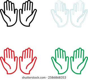 Hand icons, minimalist design, palm outlines, symmetrical pairs, black red green blue colors, simple linework, flat graphic style, vector illustration, clean geometric shapes, raised palms, universal 