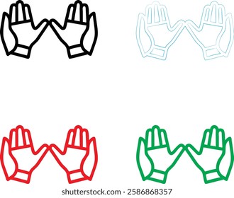 Hand icons, minimalist design, palm outlines, symmetrical pairs, black red green blue colors, simple linework, flat graphic style, vector illustration, clean geometric shapes, raised palms, universal 