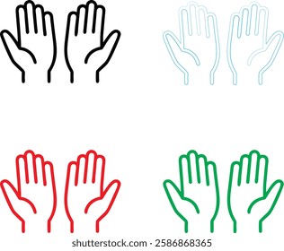 Hand icons, minimalist design, palm outlines, symmetrical pairs, black red green blue colors, simple linework, flat graphic style, vector illustration, clean geometric shapes, raised palms, universal 