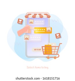 Hand icons selecting items to buy at an online store