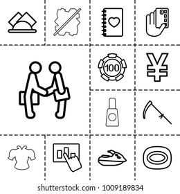 Hand icons. set of 13 editable outline hand icons such as 100 casino chip, soap, credit card in hand, yuan, scythe, notebook with heart, napkin, jet ski, cream tube, no wash