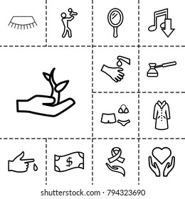 Hand icons. set of 13 editable outline hand icons such as mirror, overcoat, eating mouth, hand with heart, father with baby, injured finger, swimsuit, turk, crown