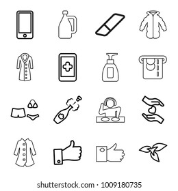 Hand icons. set of 16 editable outline hand icons such as plant, hand on smartphone, hands holding heart, phone, champagne, swimsuit, thumb up, milk can, atm money withdraw