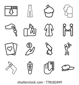 Hand icons. set of 16 editable outline hand icons such as overcoat, nail gun, playing card, father with baby, coin on hand, baseball cap, muffin, remote control