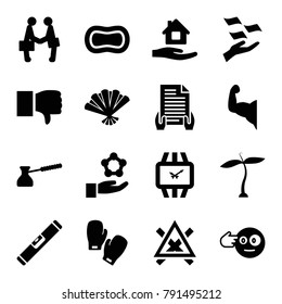 Hand icons. set of 16 editable filled hand icons such as plant, money on hand, home care, dislike, head bang emot, fan, turk, boxing gloves, wrist watch, level ruler, soap