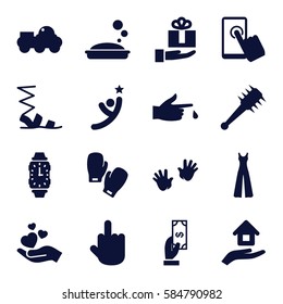 hand icons set. Set of 16 hand filled icons such as baby hands, Payment, soap, sandals, jumpsuit, middle finger, injured finger, house insurance, boxing gloves, robot