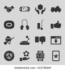 Hand icons set. set of 16 hand filled icons such as nest, baby mitten, Poker on phone, soap, construction, cart cargo, handle with care, thumb up, handshake