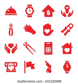 Hand icons set. set of 16 hand filled icons such as gloves, atm money withdraw, pliers, nail gun, hands holding heart, home with heart, buying a house, dish, door bell, flag