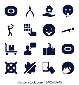 Hand icons set. set of 16 hand filled icons such as soap, finger on display, no wash, home care, no dry cleaning, chatting man, pliers, facepalm emot, showing tongue emot