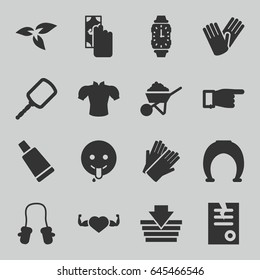 Hand icons set. set of 16 hand filled icons such as plant, baby mitten, mirror, cream tube, gloves, blouse, pointing, paper, construction, emoji showing tongue