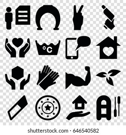 Hand icons set. set of 16 hand filled icons such as plant, casino chip, gloves, laundry, nail gun, muscle, handle with care, hands holding heart, home with heart