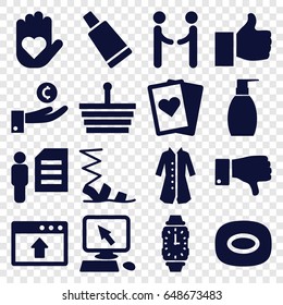 Hand icons set. set of 16 hand filled icons such as cream tube, pointer on display, soap, bottle soap, sandals, overcoat, dislike, wrist watch, man and document, thumb up