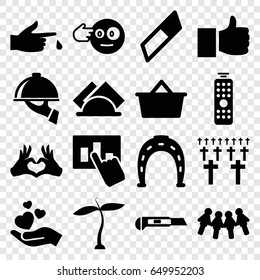 Hand icons set. set of 16 hand filled icons such as plant, horseshoe, head bang emot, cutter, heart tag, injured finger, napkin, dish serving, remote control, cemetery
