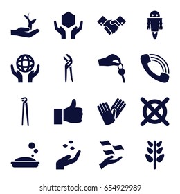 Hand icons set. set of 16 hand filled icons such as hand with seeds, money on hand, soap, no dry cleaning, gloves, pliers, plant, holding globe, call, robot