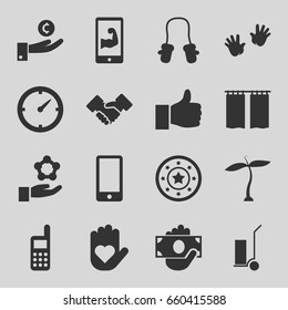 Hand icons set. set of 16 hand filled icons such as plant, baby mitten, baby hands, casino chip, cart cargo, phone, handshake, curtain, clock, muscular arm  on phone