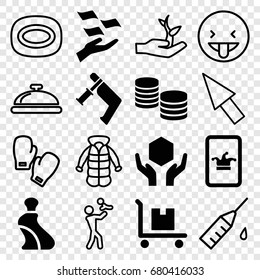 Hand icons set. set of 16 hand filled and outline icons such as cream tube, poker on phone, money on hand, nail gun, cargo on cart, dish, soap, overcoat, injection rash