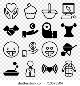 Hand icons set. set of 16 hand filled and outline icons such as heart, soap, paper towel, blouse, construction, handshake, pointer on display, overcoat, muffin, waiter, robot