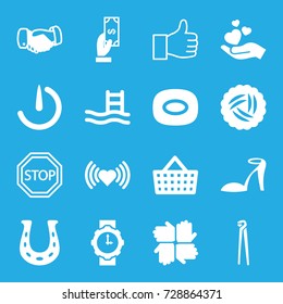 Hand icons set. set of 16 hand filled and outline icons such as nest, heel sandals, payment, heart, soap, handshake, pliers, hand holding heart, stopwatch camera