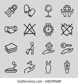 Hand icons set. set of 16 hand outline icons such as man with luggage, hand with seeds, mirror, soap, no wash, no bleaching, holding globe, remote control, house insurance