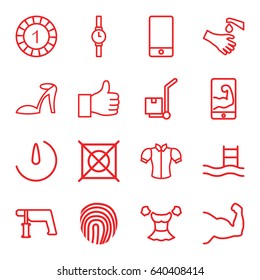 Hand Icons Set. Set Of 16 Hand Outline Icons Such As Heel Sandals, 1 Casino Chip, No Dry Cleaning, Blouse, Nail Gun, Hands Washing, Cargo On Cart, Phone, Stopwatch Camera