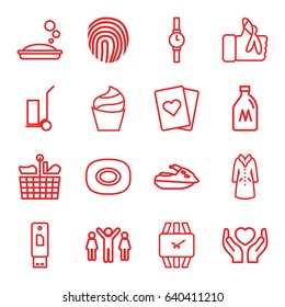 Hand icons set. set of 16 hand outline icons such as milk can, soap, cream, overcoat, cart cargo, hands holding heart, injured finger, fingerprint, wrist watch, jet ski
