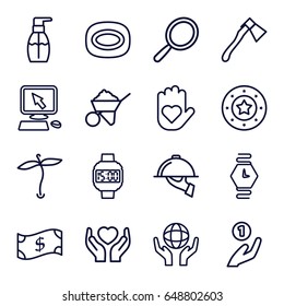 Hand icons set. set of 16 hand outline icons such as plant, mirror, casino chip, pointer on display, soap, bottle soap, construction, axe, holding globe, hands holding heart
