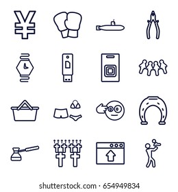 Hand icons set. set of 16 hand outline icons such as pliers, swimsuit, turk, door bell, wrist watch, submarine, cemetery, head bang emot, yuan, children, father with baby