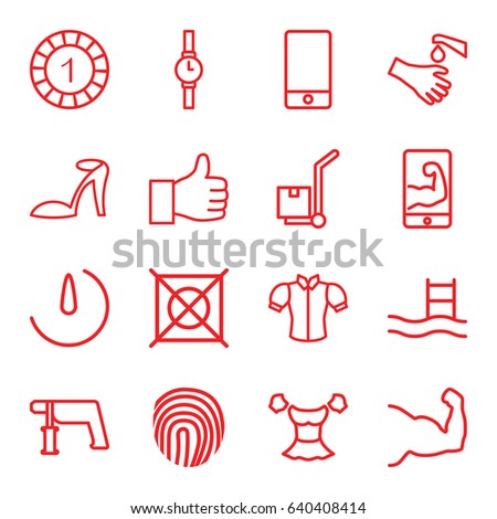 Hand icons set. set of 16 hand outline icons such as heel sandals, 1 casino chip, no dry cleaning, blouse, nail gun, hands washing, cargo on cart, phone, stopwatch camera