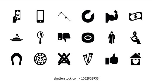 Hand icons. set of 18 editable filled hand icons: 25 casino chip, soap, no bleaching, overcoat, expander sport, scythe, pipette, phone, thumbs up, crown, mirror, payment